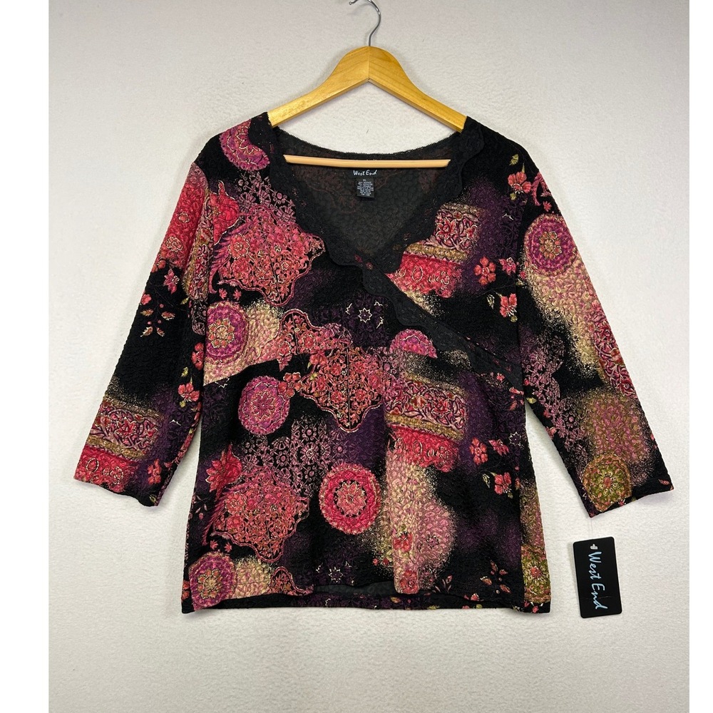 Whimsigoth West End NWT XL Purple Pink Gold Paisley Lace Trim Faux‎ Wrap Top